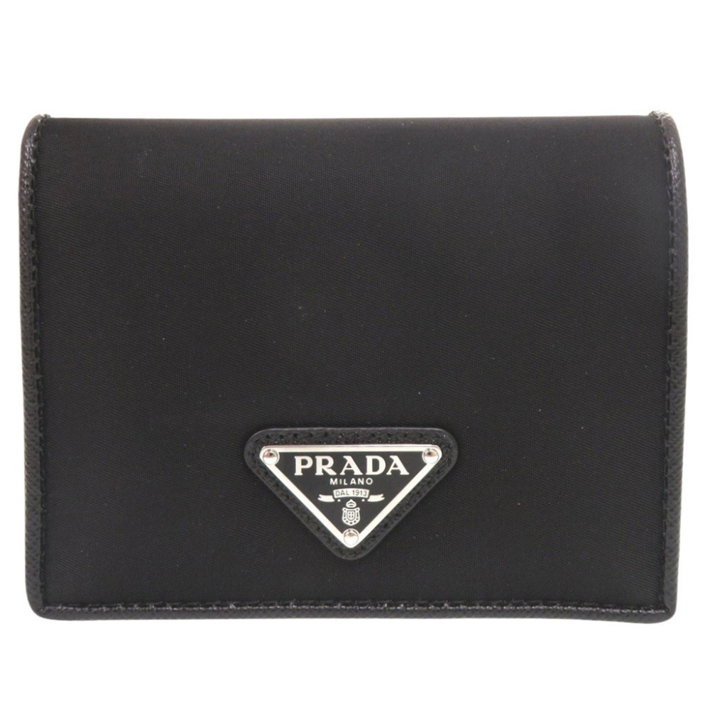 Prada Triangle Logo Nylon Saffiano Leather Black Bi-fold Wallet 1741PRADA